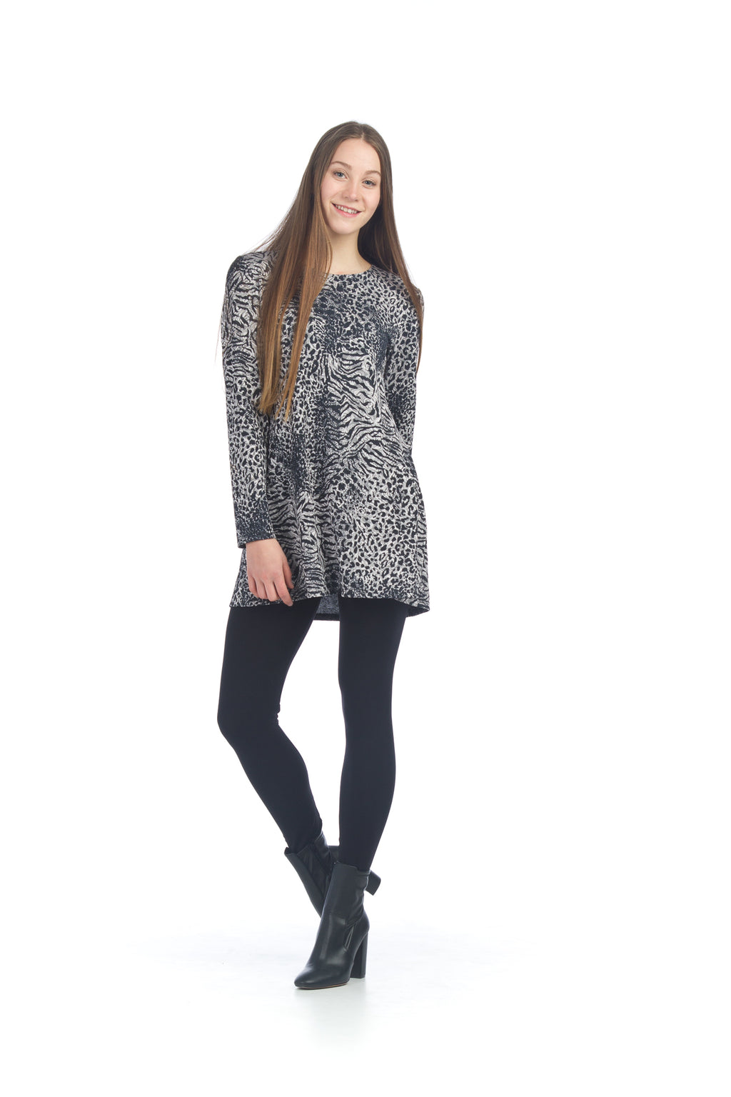 Navy Long Sleeve Textured Animal Print Dress