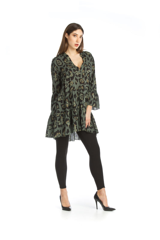 KHAKI Leopard Tiered Dress w Ruffle Sleeve Detail
