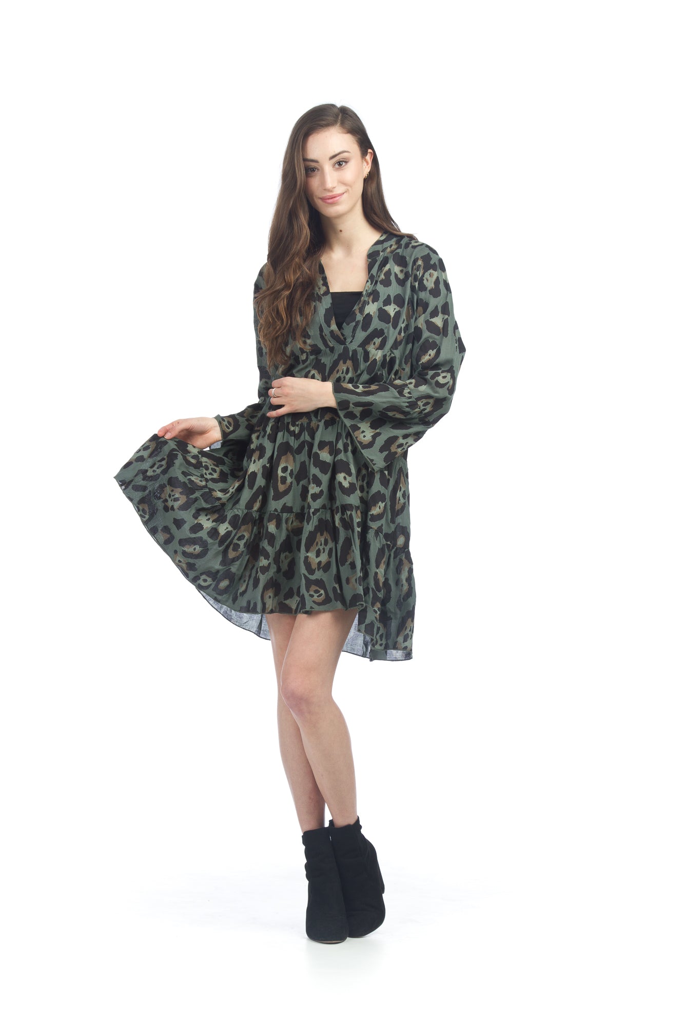 KHAKI Leopard Tiered Dress w Ruffle Sleeve Detail