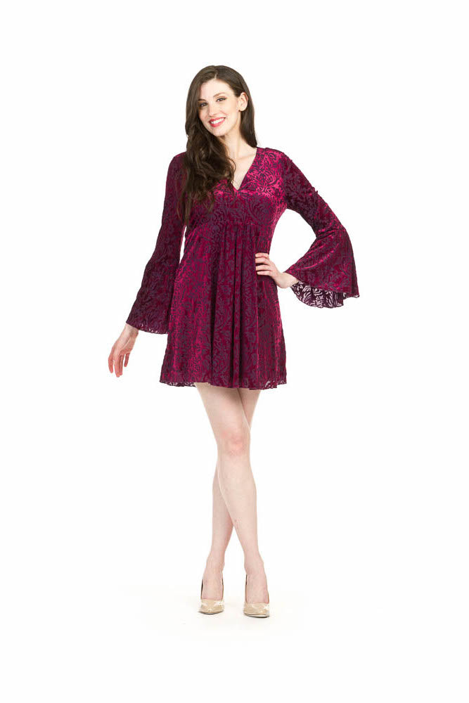 Burgundy Damask Burnout Ruffle Sleeve Velvet