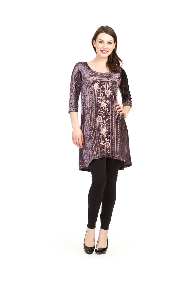 lavender Velvet Embroidered 3/4 Sleeve Dress