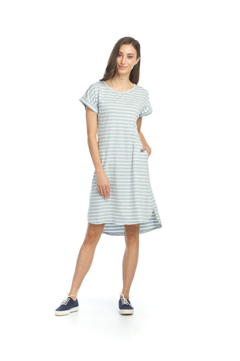 Blue Striped Cotton Blend Stretch TShirt Dress