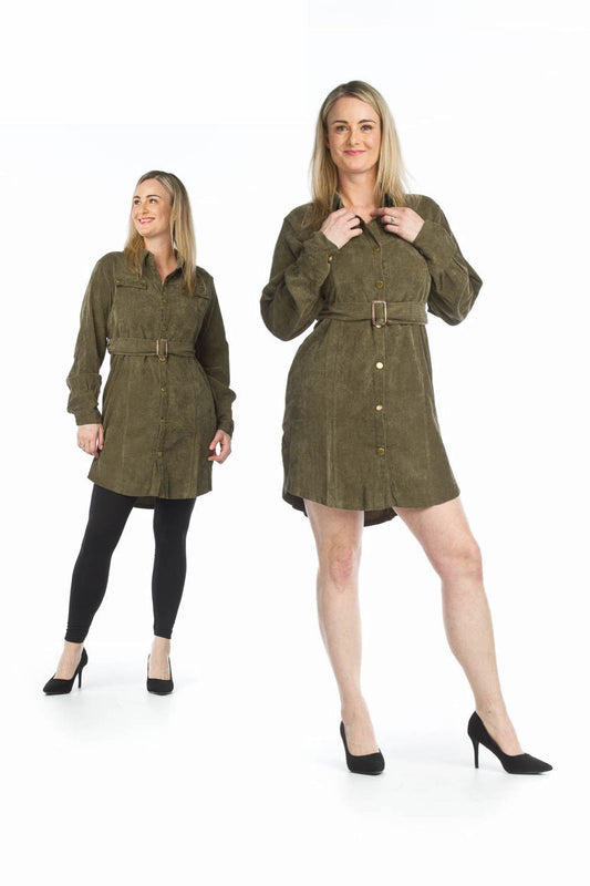 KHAKI Belted Corduroy Dress