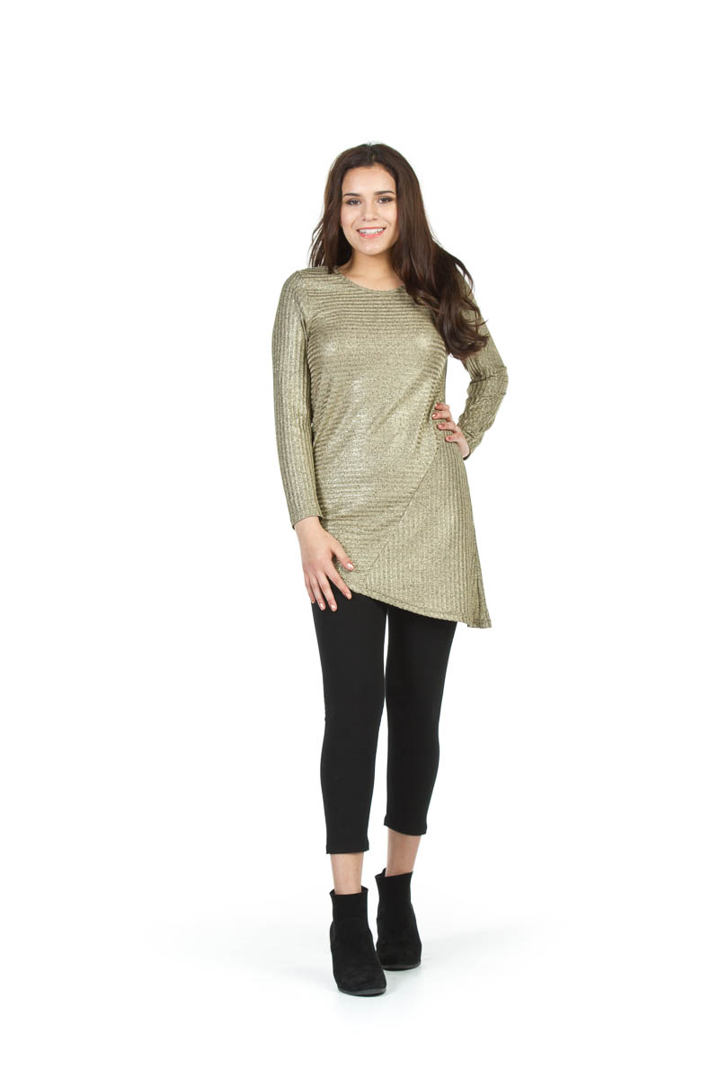 GOLD Ribbed Assemetrical Metallic Long Sleeved Dress