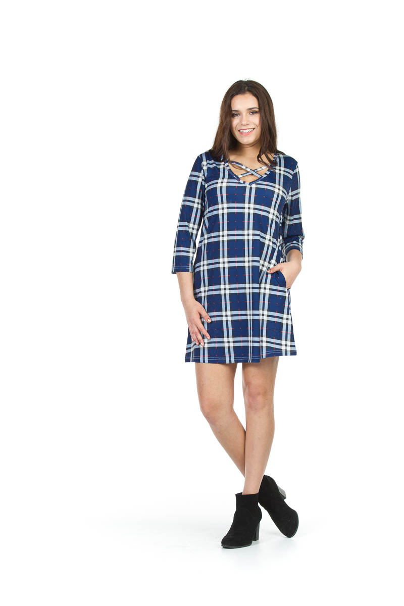 Navy Plaid A-Line Dress with Pockets