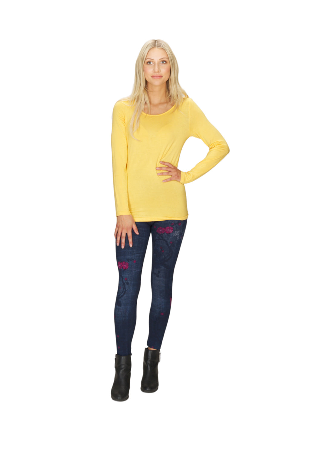 Dark Blue Denim Jeans Print Fleece Leggings with Pick Floral