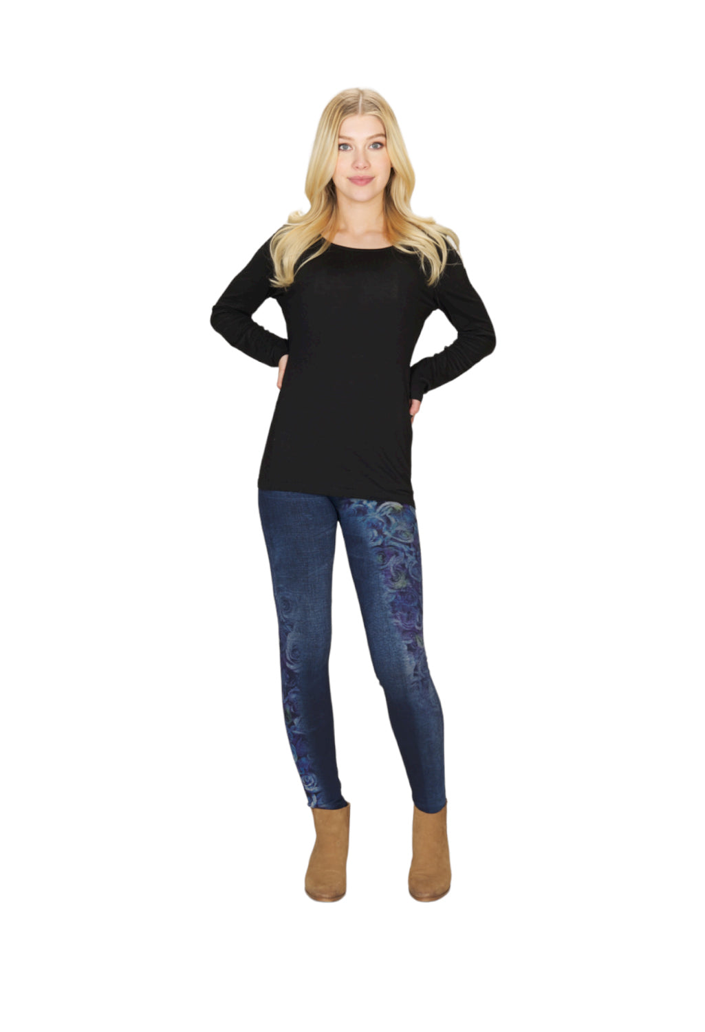 Dark Blue Denim Jeans Print Fleece Leggings with Rose Print