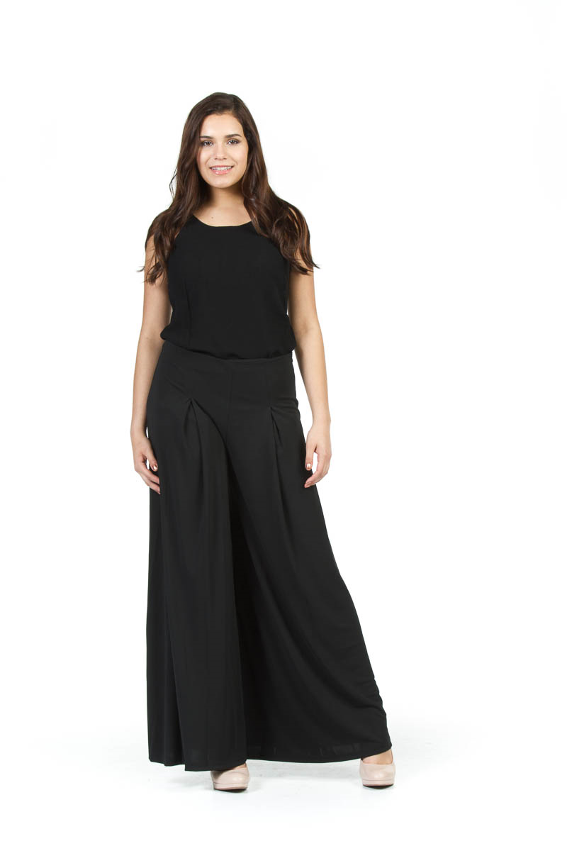 Black Stretch Pleated Wide Leg Pant