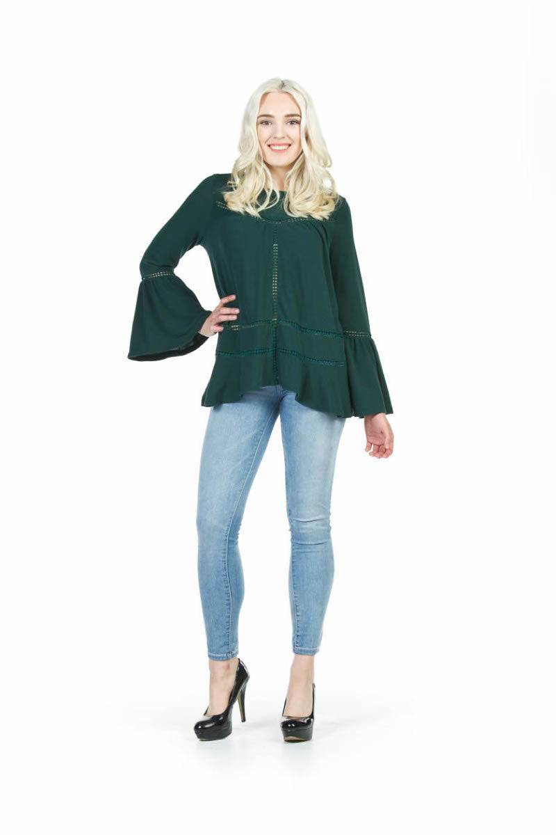 Black Lace Inset Boho Top w Bell Sleeves