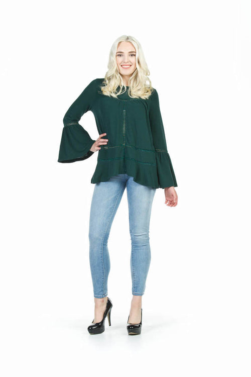 Black Lace Inset Boho Top w Bell Sleeves