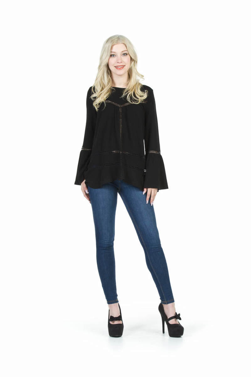 Black Lace Inset Boho Top w Bell Sleeves