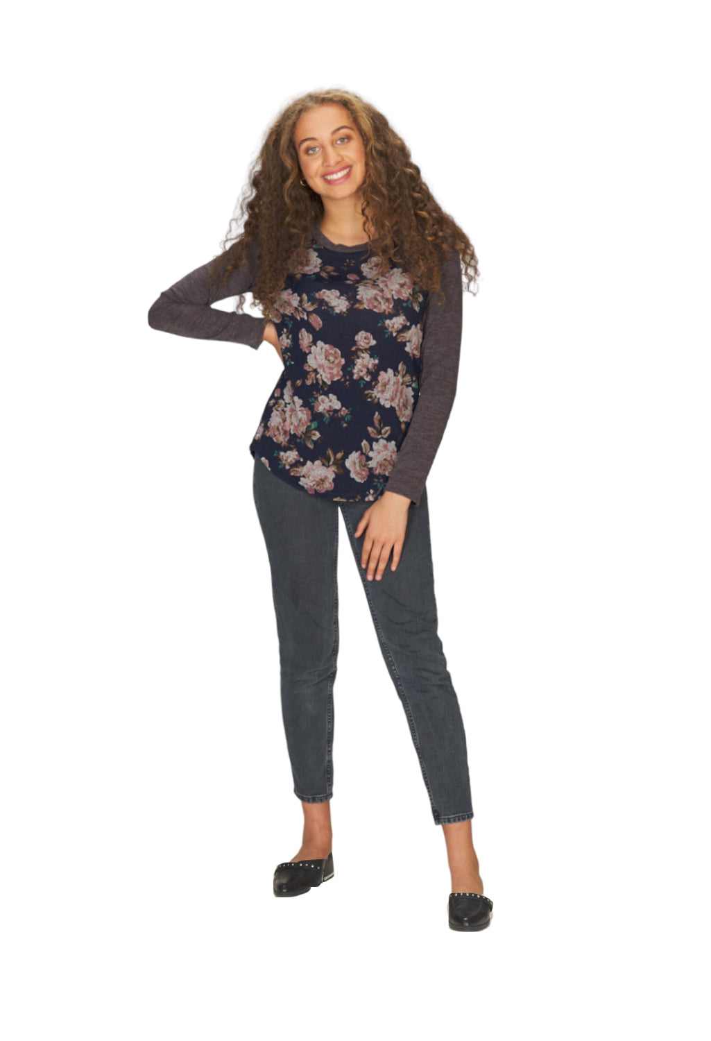 Navy Floral Print Baseball T