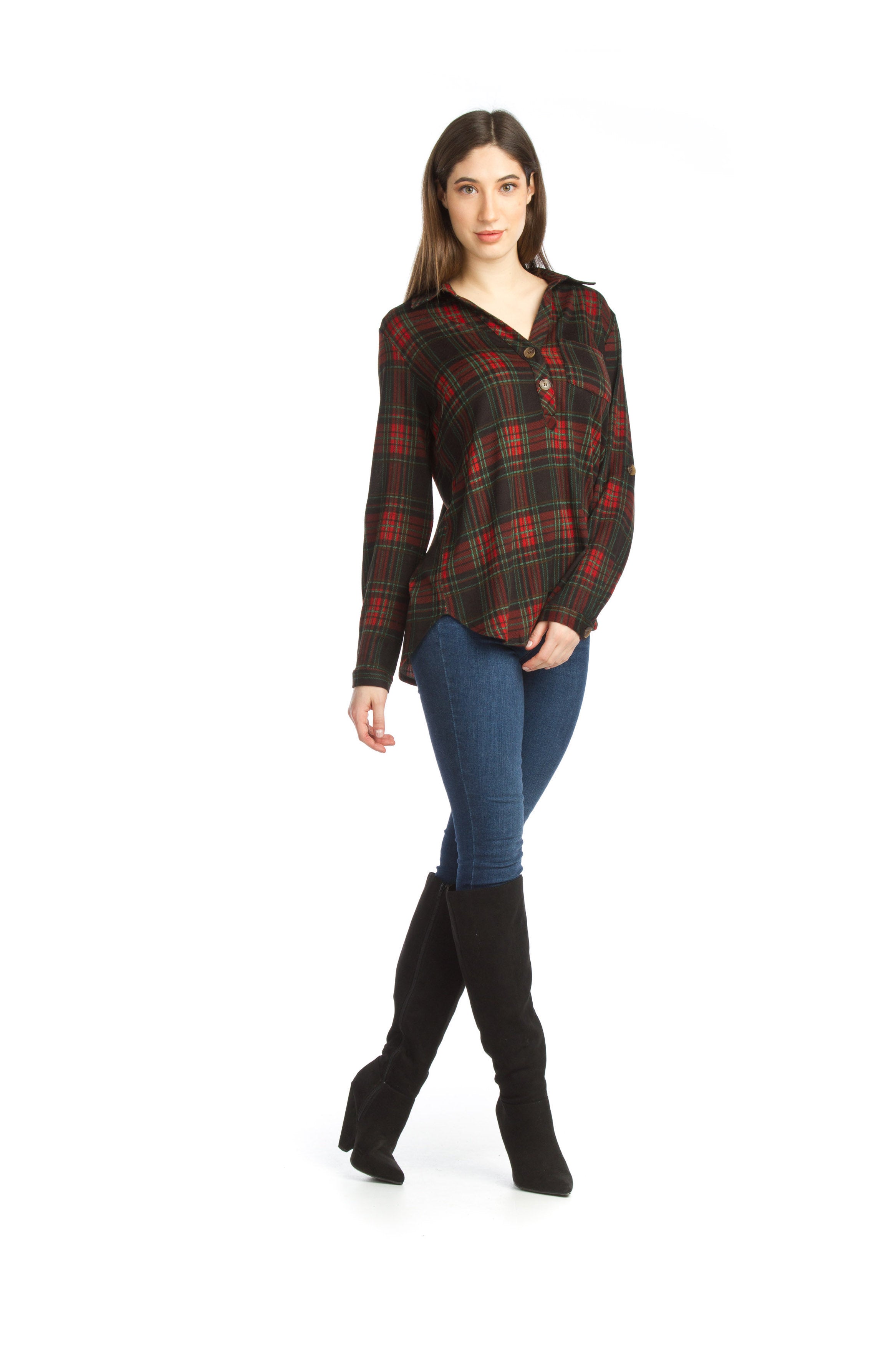 BURGN Plaid Brushed Tab Sleeve Top
