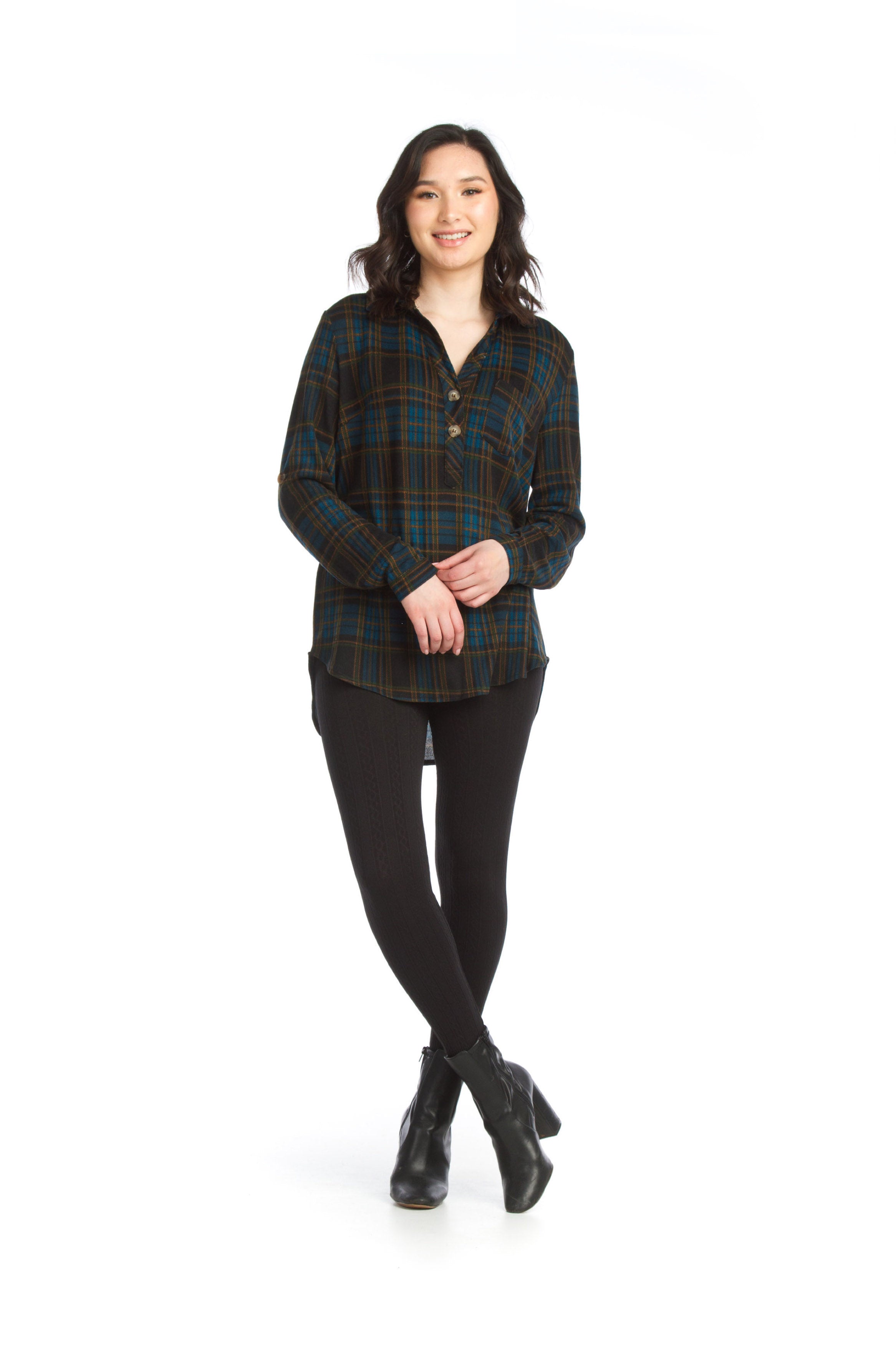 BURGN Plaid Brushed Tab Sleeve Top