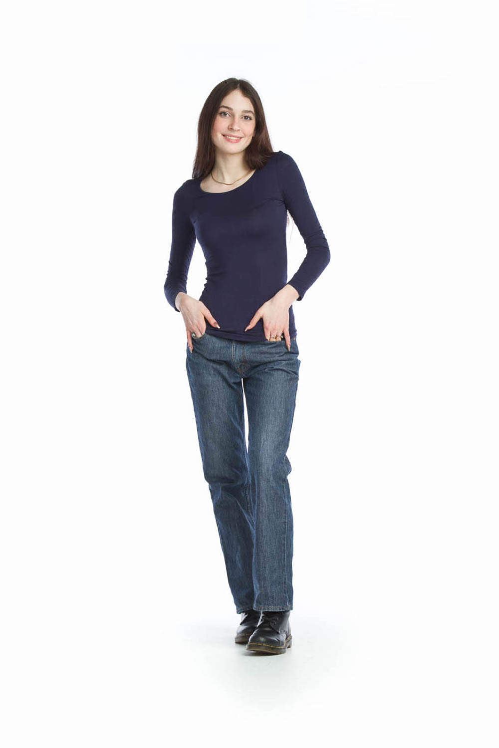 Navy Basic Stretch Long Sleeve Top