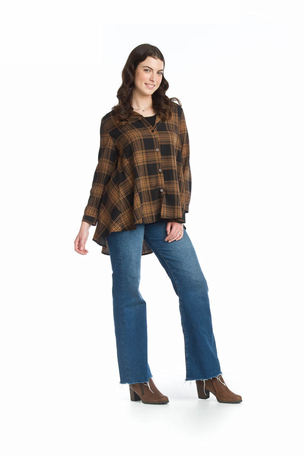 Brown Plaid Flowy Button Front Blouse