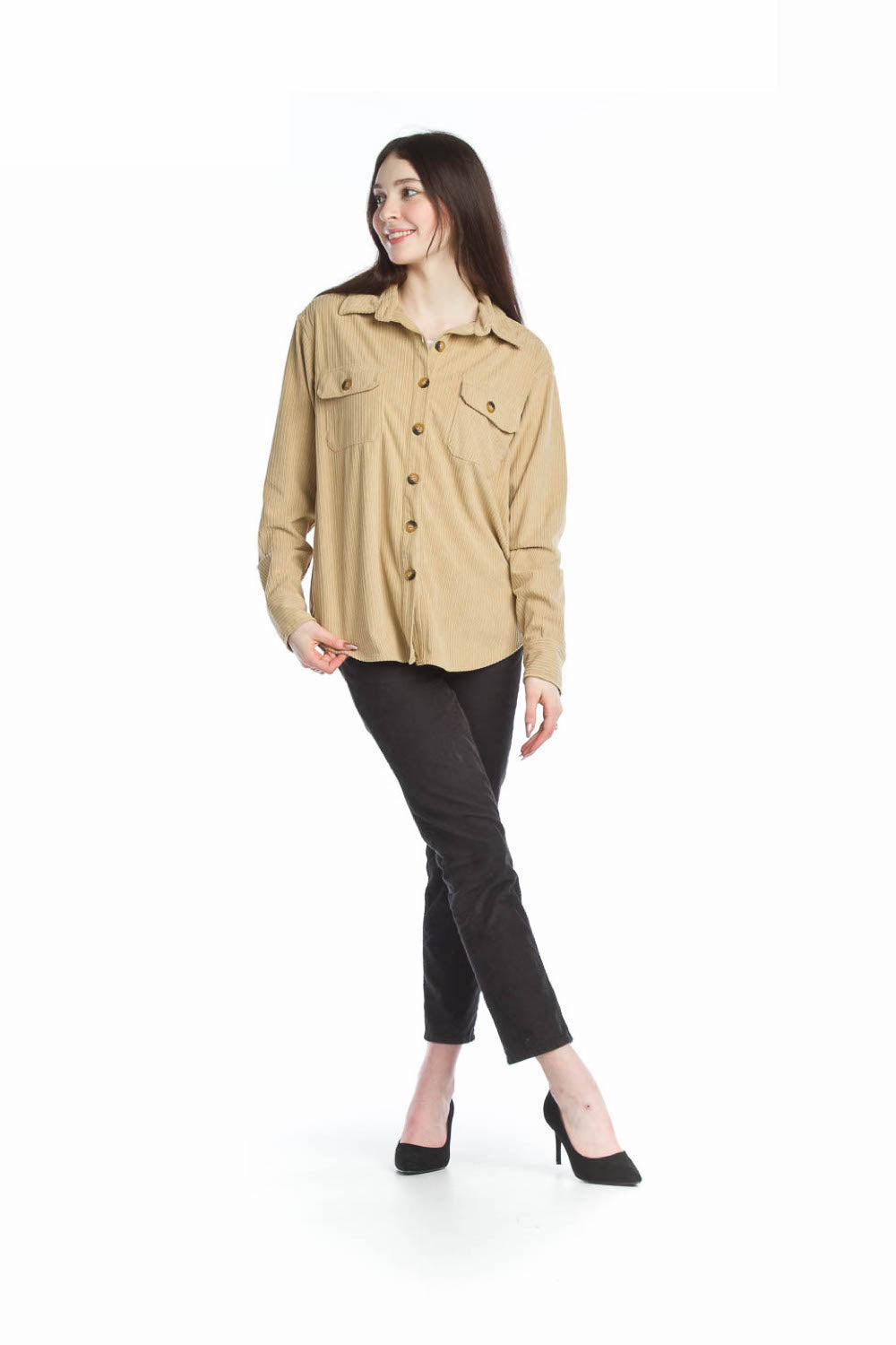 Cream Stretchy Corduroy Front Collared Shirt