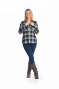 Black Plaid Stretchy Brushed Tab Sleeve Blouse