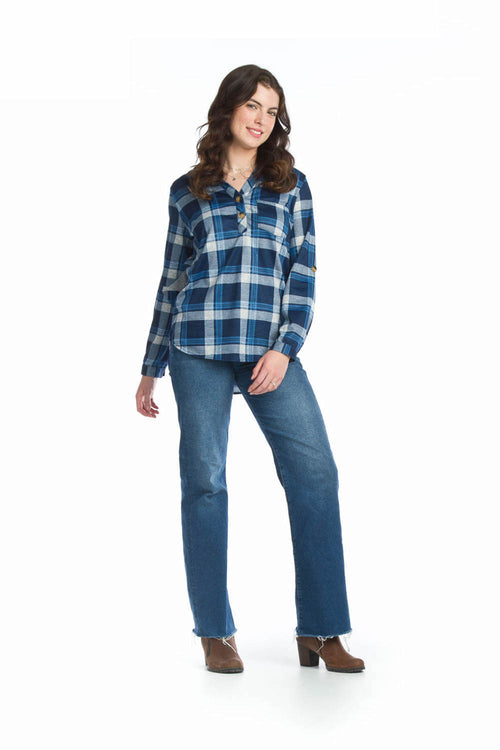 Black Plaid Stretchy Brushed Tab Sleeve Blouse