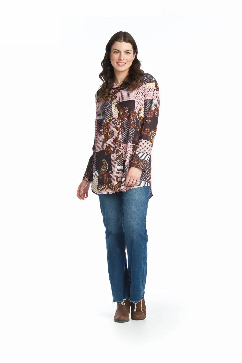 pink Patchwork Button Front Tunic