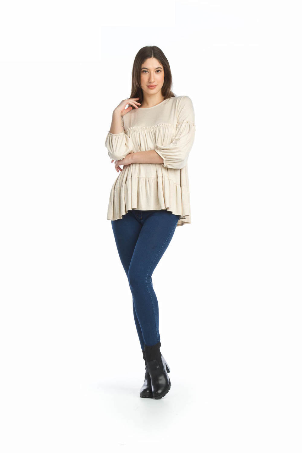 Oatmeal Stretchy Tiered 3/4 Sleeve Blouse