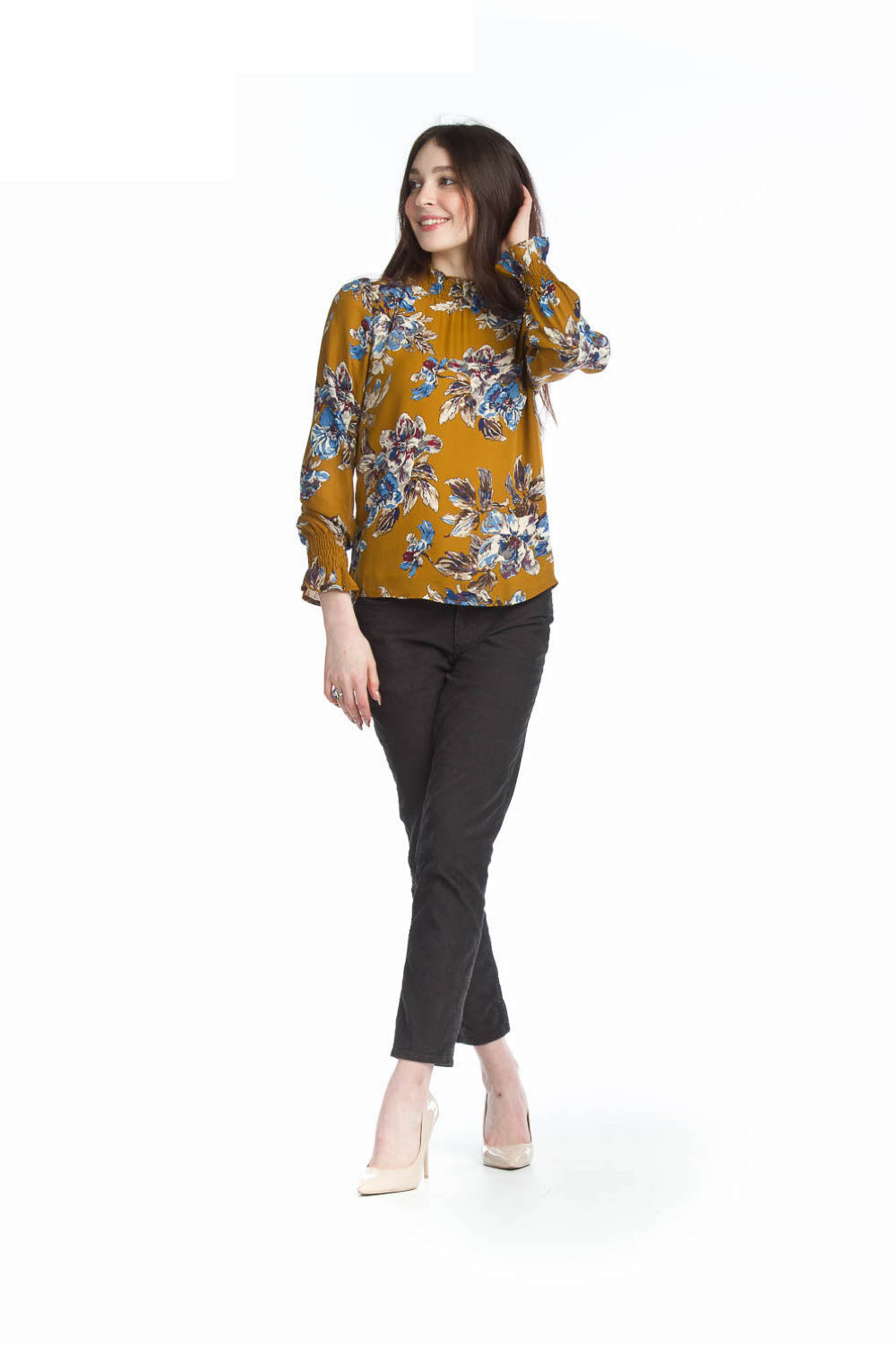mustard Floral Georgette Blouse w Elastic Cuff & Neck