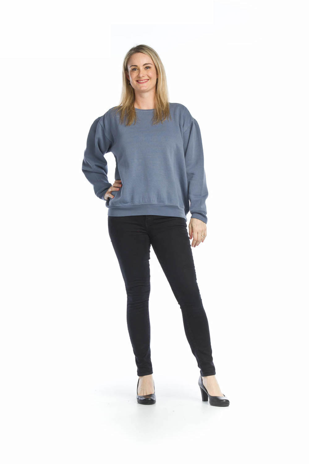 Blue Solid Brushed Cewneck Sweater