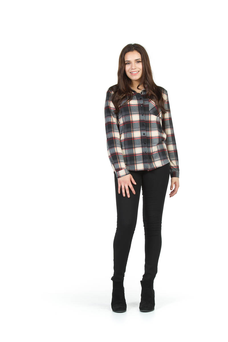 red Knit Plaid Tab Sleeve Shirt