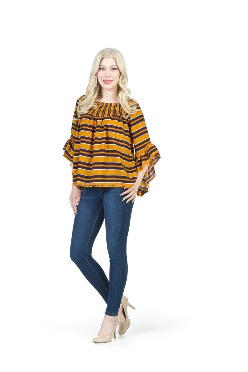 orange Striped Ruffle Sleeve Top with Smocking Detail
