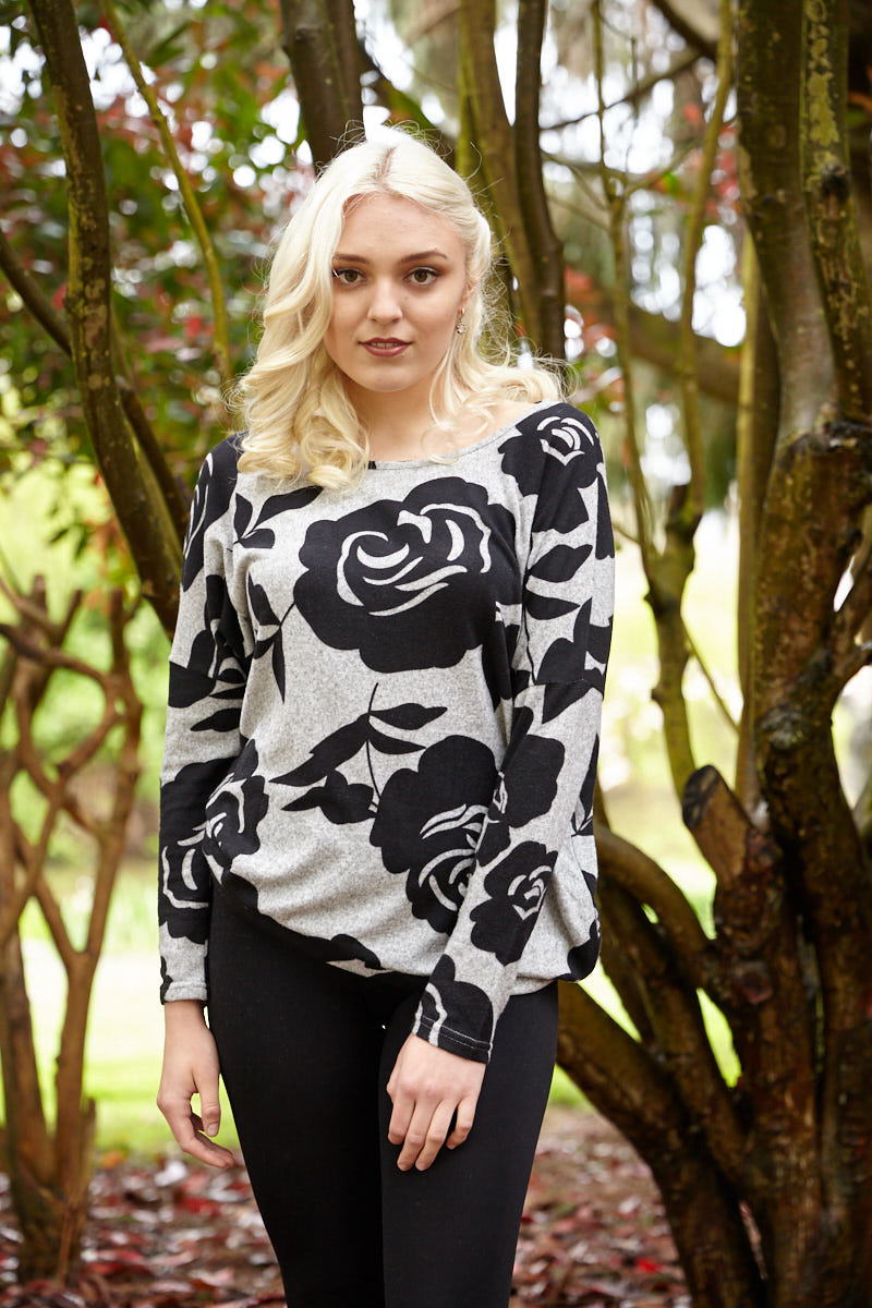 grey Floral Print Oversize Soft Sweatshirt