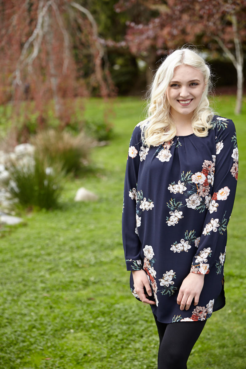 Navy Floral Crepe Pleated Tunic