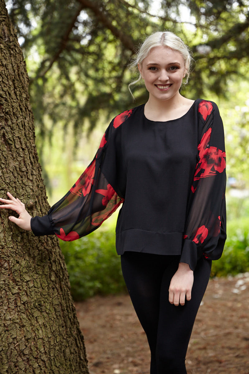 BLACK Batwing Sleeve blouse with Poppy Print
