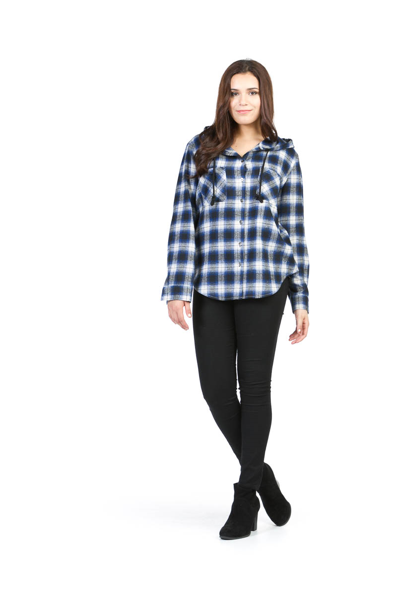 Blue Plaid button-Up Shirt with Hood