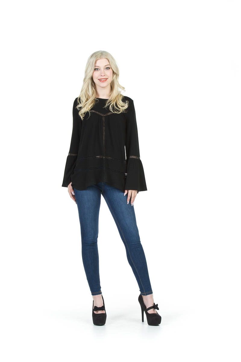 Black Lace Inset Boho Top w Bell Sleeves