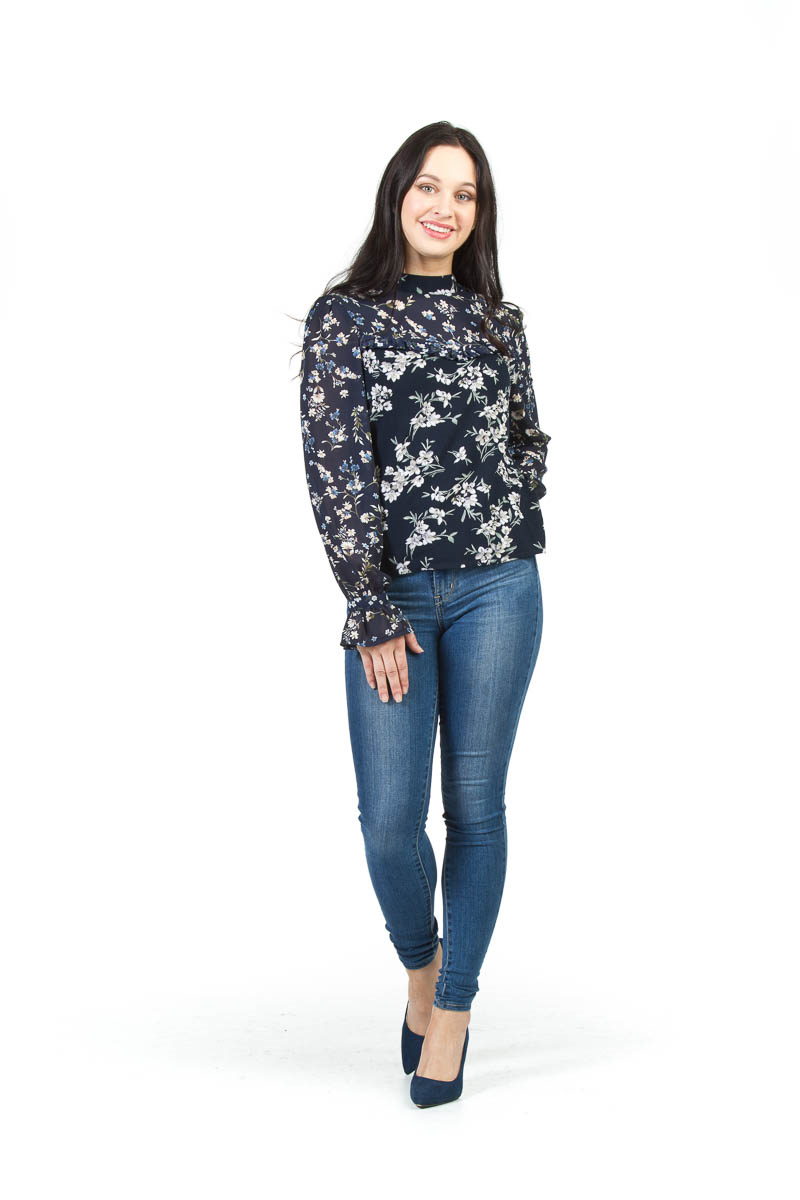 Navy Mock Neck Floral Blouse with Ruffle Detail
