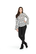 Black Mandala Print Mock Neck Blouse with Bell Sleeves