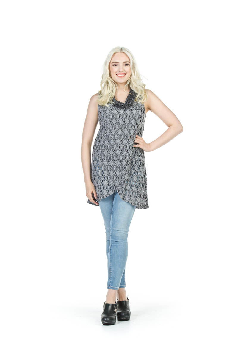 grey Distressed Crossover Tunic with Cowl Neck