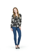 BLACK/WHITE Floral Rubber Print Peplum Top with Zzipper Detail
