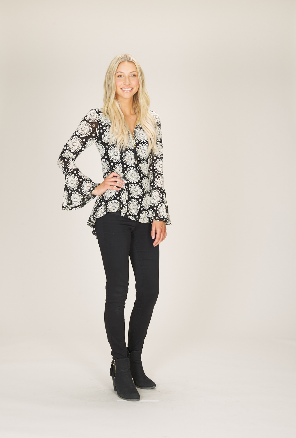 BLACK/WHITE Medallion Print Mesh Blouse with Zip Detail