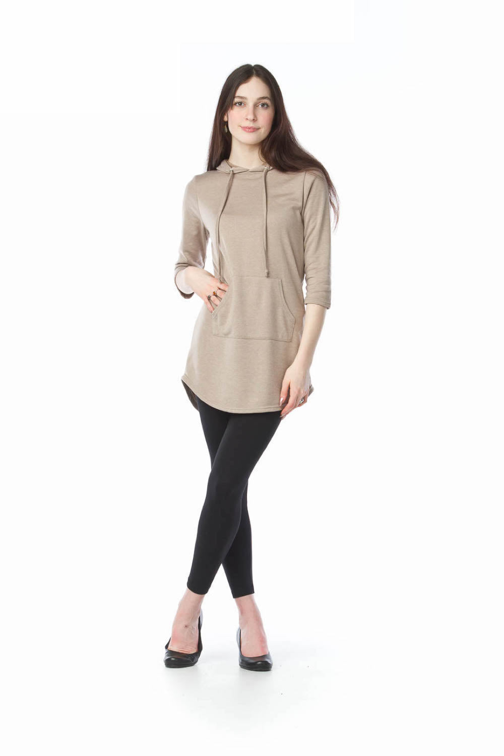 TAUPE 3/4 Sleeve Hoody Dress with Kangaroo Pockets