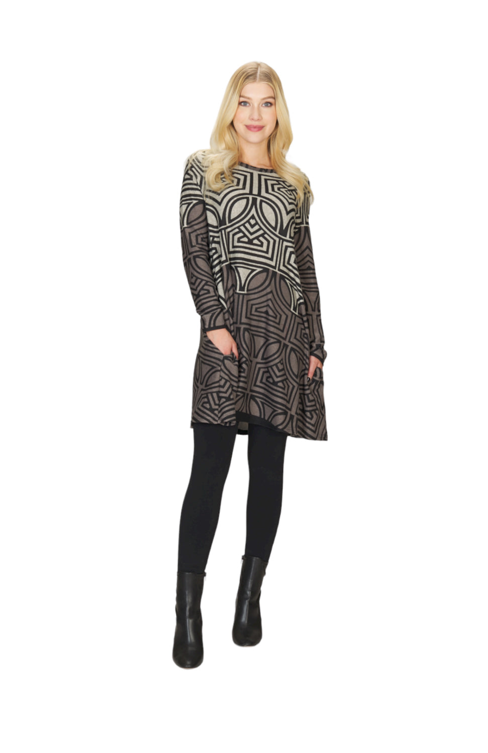 TAUPE Geo Design A-Line Sweater Dress