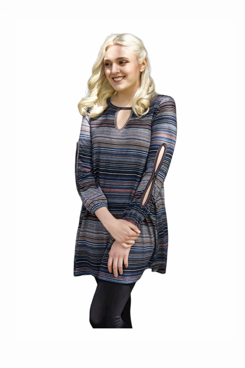 BLUE Multi Stripe  Open Sleeve Dress