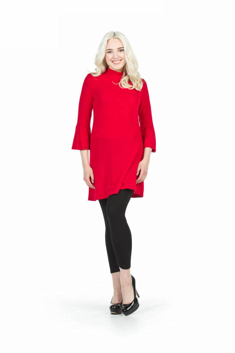 RED Mock Neck w Pleated Bell Sleeves Dress