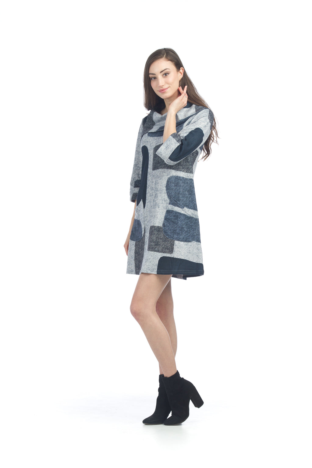 GREY S/S Color Blocked Dress w Fold Over Collar