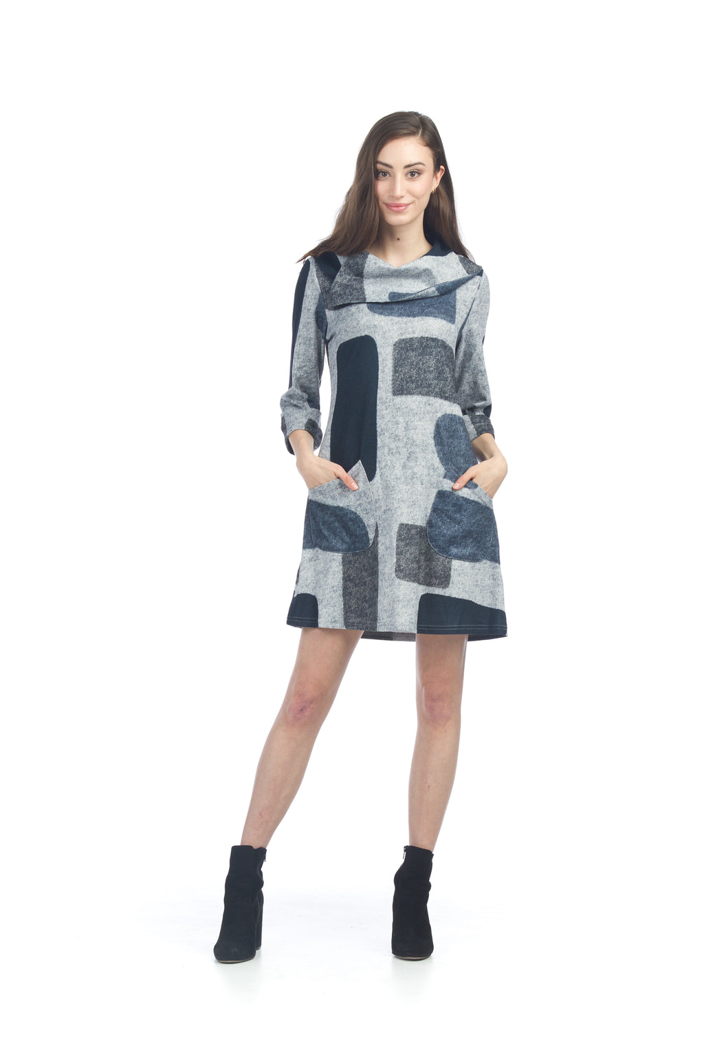 GREY S/S Color Blocked Dress w Fold Over Collar