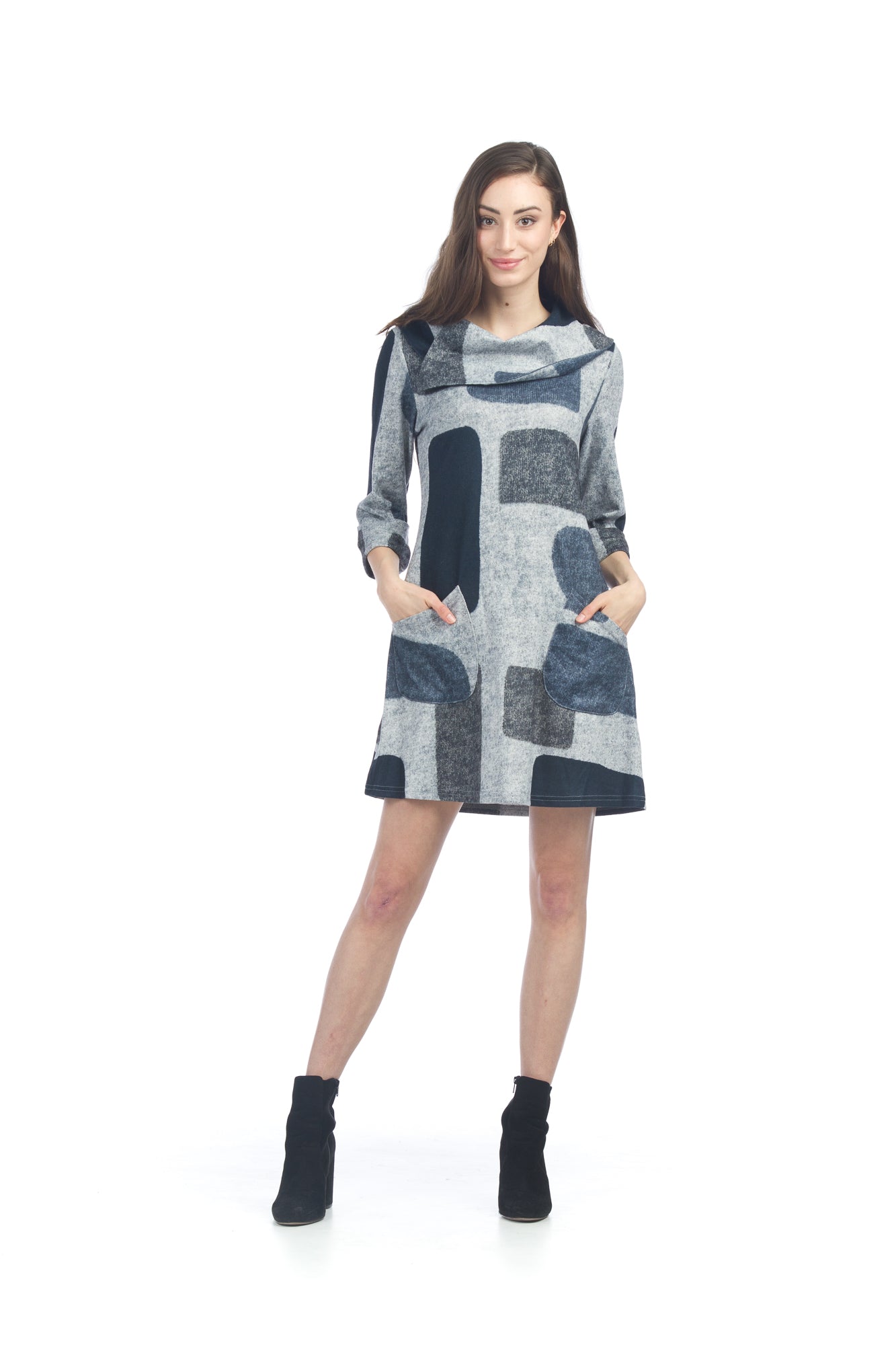 GREY S/S Color Blocked Dress w Fold Over Collar