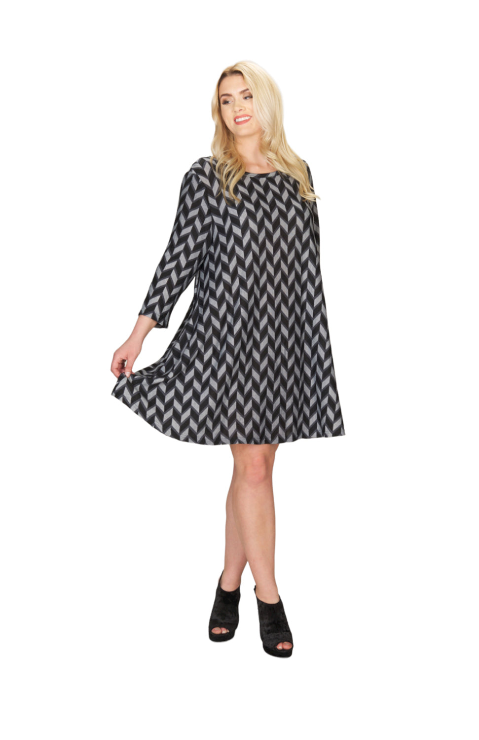 GREY Geo Print A-Line Sweater Dress with Pockets
