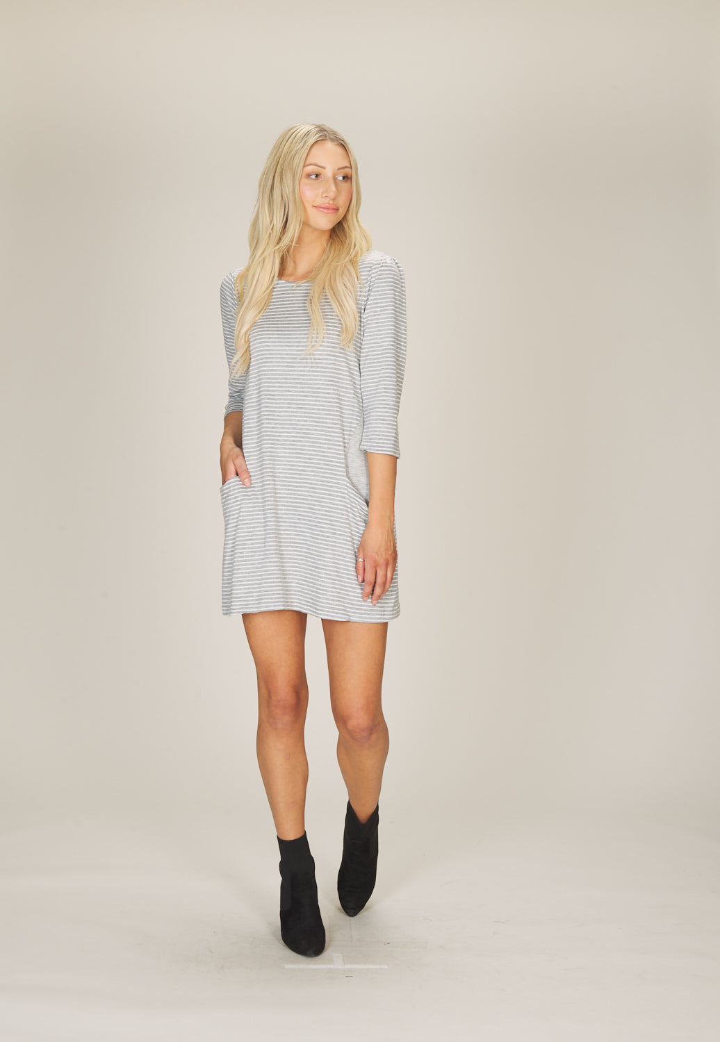 GREY Striped Sweater Dress w Pockets & Solid Trim