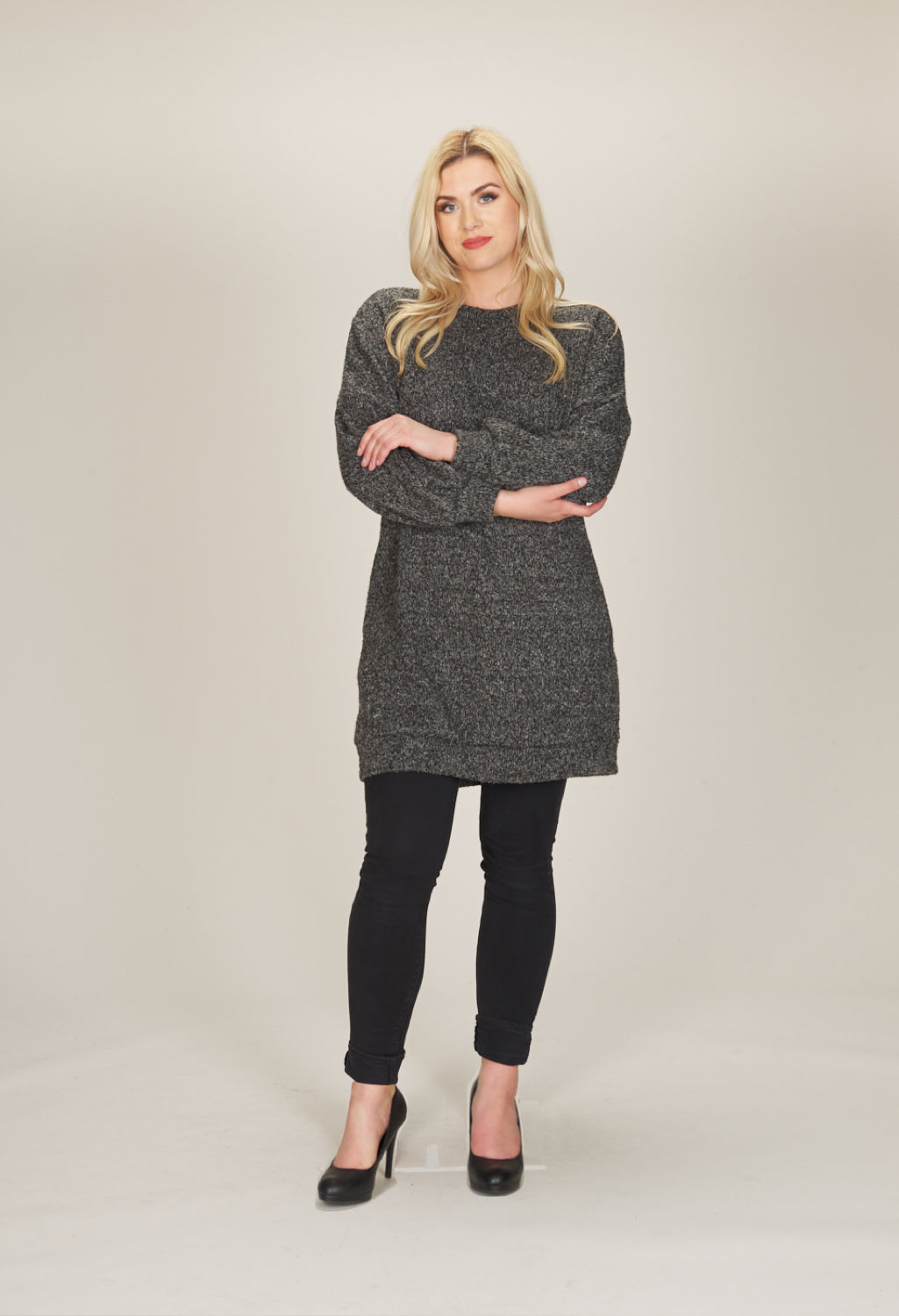 TAUPE Heathered Sweater Knit Dress with Cuff & Band