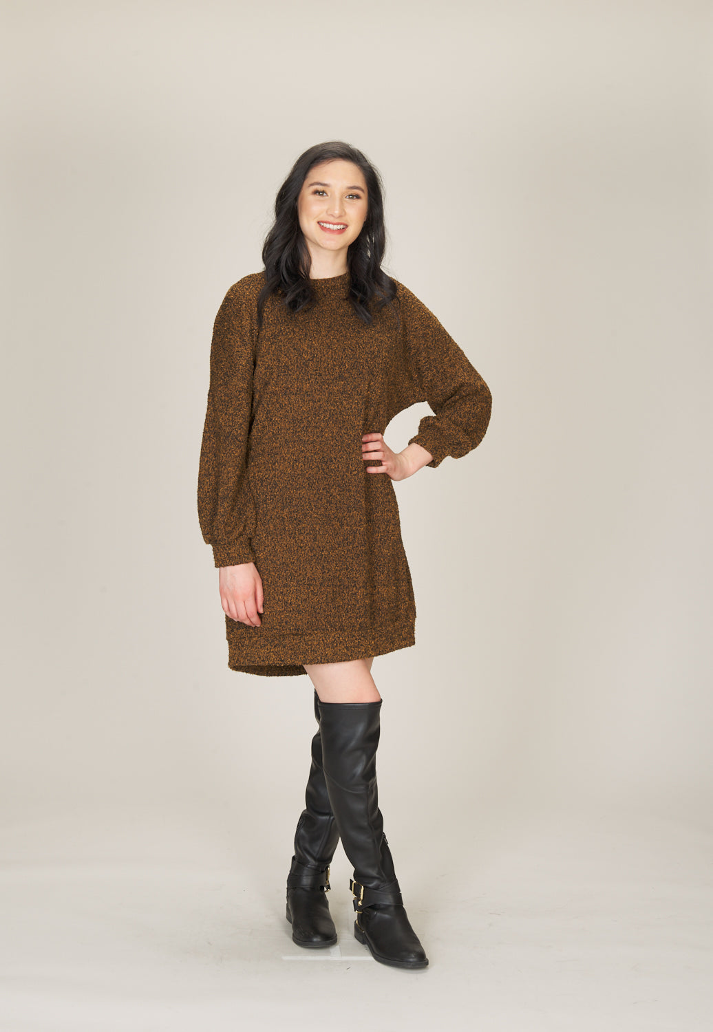 TAUPE Heathered Sweater Knit Dress with Cuff & Band